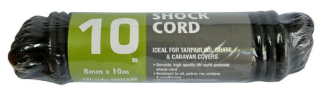 Black 8mm elastic shock cord, 10m long, strong, stretchy, ideal for securing tarps, trailers, and bike racks.