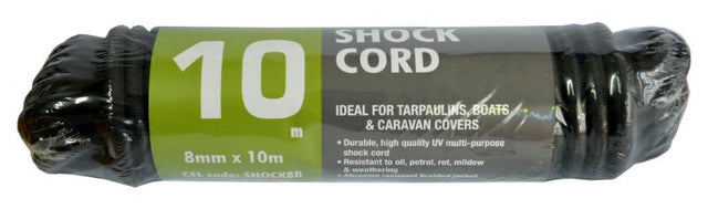 Black 8mm elastic shock cord, 10m long, strong, stretchy, ideal for securing tarps, trailers, and bike racks.