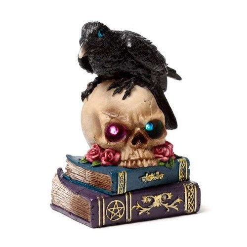 Ornament - Crow Perched on LED Skull & Books (19.5cm)