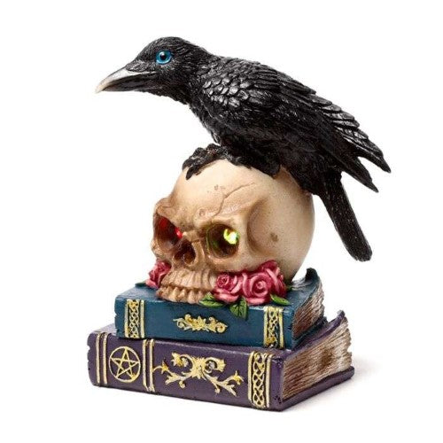 Ornament - Crow Perched on LED Skull & Books (19.5cm)