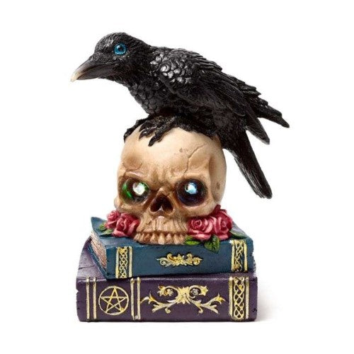 Ornament - Crow Perched on LED Skull & Books (19.5cm)