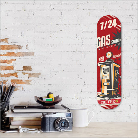 Retro gas station wall art in vibrant colors, 500mm diameter, crafted from durable ACM for indoor/outdoor use.