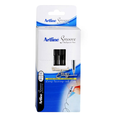Artline Smoove BPP Stick Medium Black pens in a box of 50, designed for smooth and comfortable everyday writing.