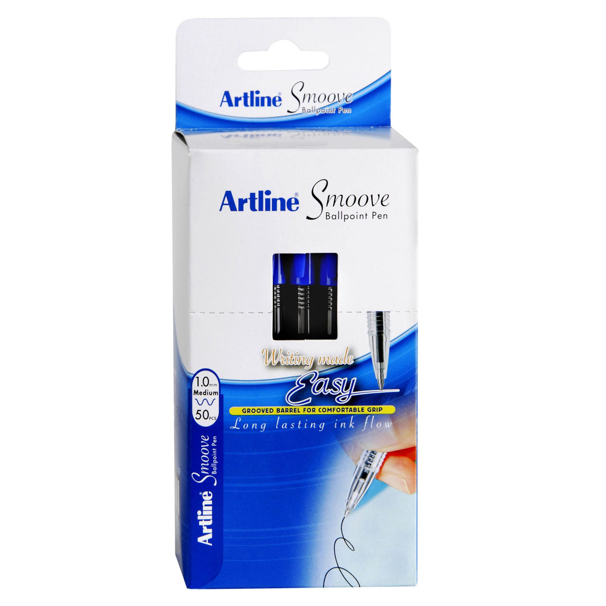 Artline Smoove Bpp Stick Medium Blue pen box of 50, featuring smooth writing, tungsten carbide ball, and comfortable grip.