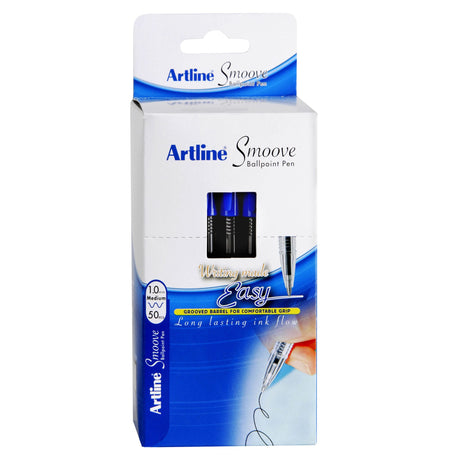 Artline Smoove Bpp Stick Medium Blue pen box of 50, featuring smooth writing, tungsten carbide ball, and comfortable grip.
