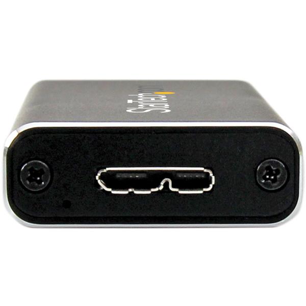 High-speed M.2 SATA external SSD enclosure in aluminum, compact design with USB 3.0 for fast data transfer up to 5Gbps.
