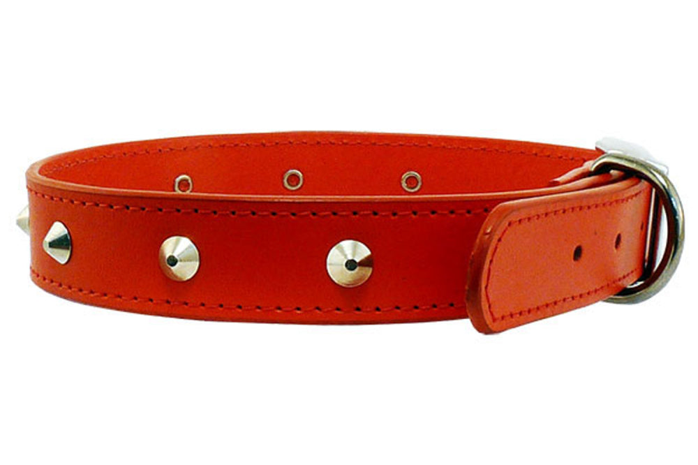 Dog Collar Leather Stitched Studded - 12mm x 35cm - Red