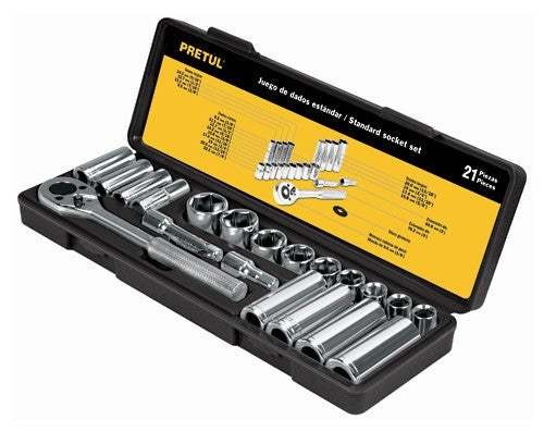 21-piece Pretul socket set with chrome finish, carbon steel durability, includes multiple socket sizes and extensions.