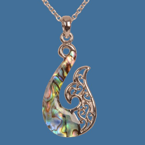 Pendant on Rhodium Chain - Paua Hook (3.8 x 1.7cm)