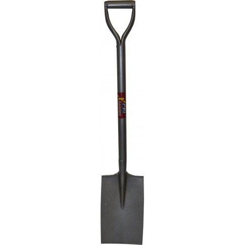 All-steel grey garden spade with ergonomic D-handle, durable design for digging and transplanting in various outdoor conditions.