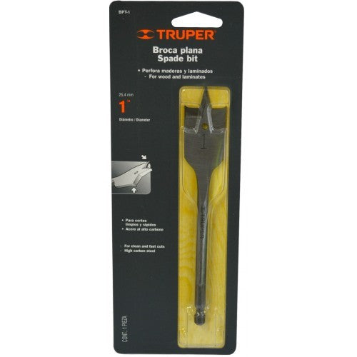 Spade Bit Truper 1" (25mm) featuring high carbon steel, hex shaft, guide tip for precision, and blued finish for durability.