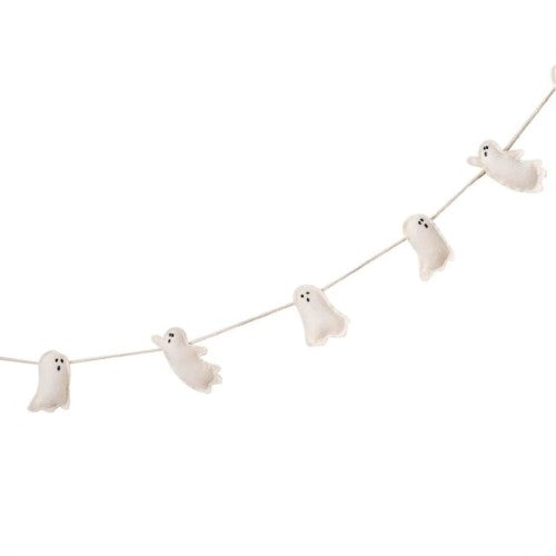 2m long pumpkin spice felt ghost bunting with 9 ghosts and white braided cord, perfect for festive decoration.