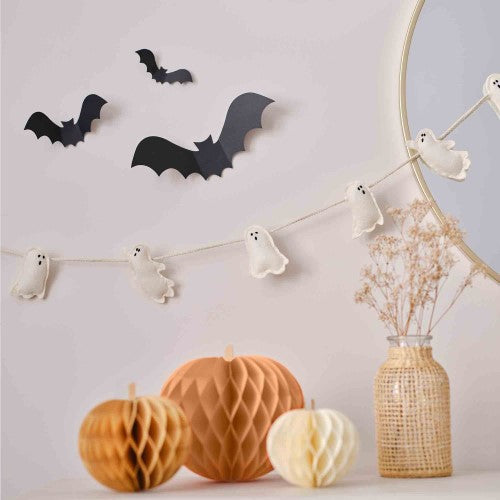 2m long pumpkin spice felt ghost bunting with 9 ghost decorations and white braided cord.