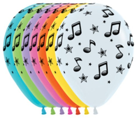 Colorful pack of 12 Music Notes Balloons, perfect for music-themed parties, featuring durable latex and vibrant musical prints.