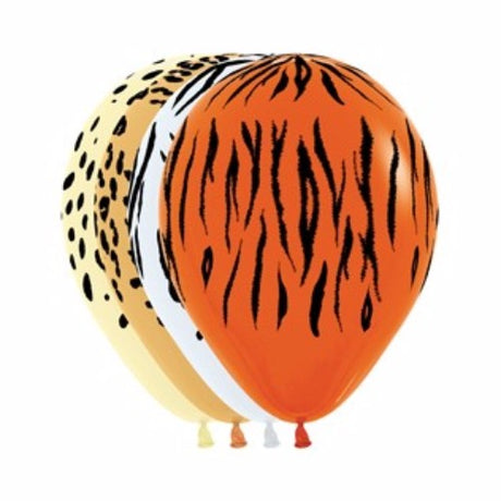 Pack of 12 vibrant 30cm Jungle Safari Animal Print balloons, perfect for jungle-themed parties and decorations.