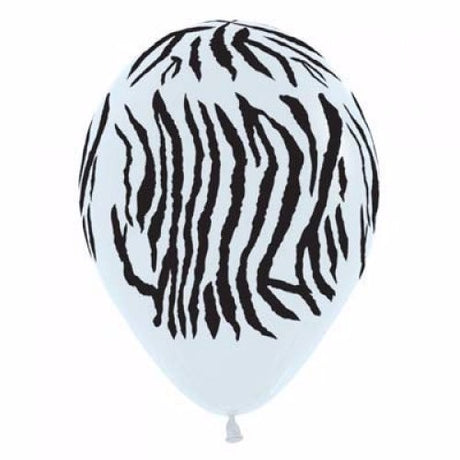 Pack of 12 black and white zebra print latex balloons, ideal for parties and celebrations.