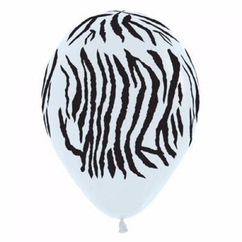 Pack of 12 black and white zebra print latex balloons, ideal for parties and celebrations.