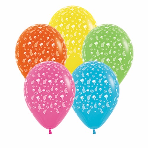 Vibrant pack of 12 Hawaiian tropical balloons featuring lush prints, perfect for festive celebrations and party decor.