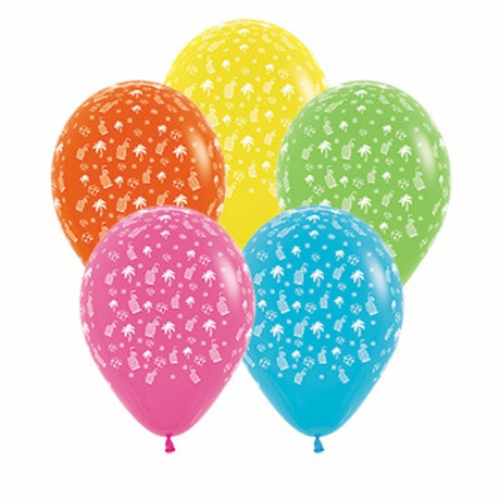 Vibrant pack of 12 Hawaiian tropical balloons featuring lush prints, perfect for festive celebrations and party decor.