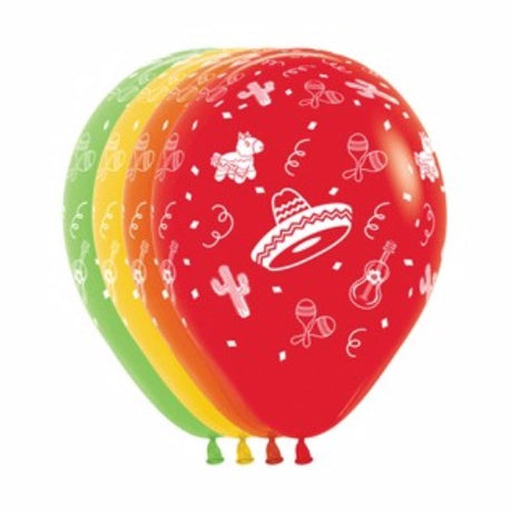 Colorful Mexican Fiesta balloons, assorted designs, perfect for themed parties and vibrant celebrations. Pack of 12.