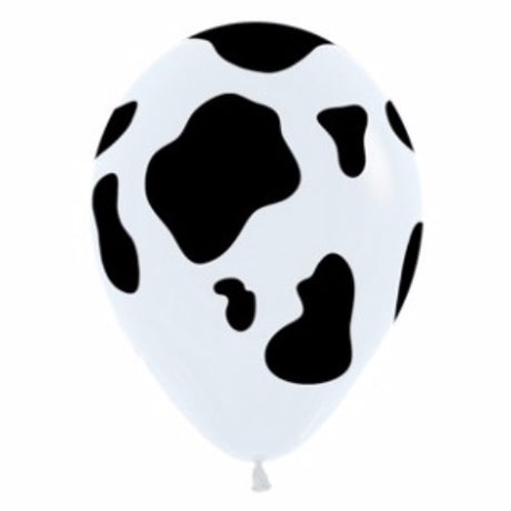 Pack of 12 black and white cow print latex balloons, perfect for farm-themed parties and festive decorations.