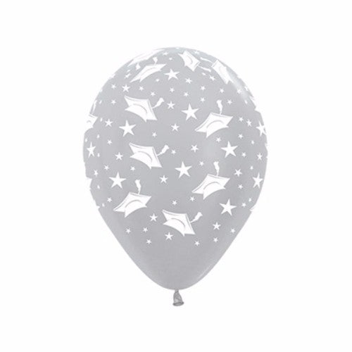 Pack of 12 metallic silver balloons featuring graduation hats and stars, perfect for decorating graduation parties.