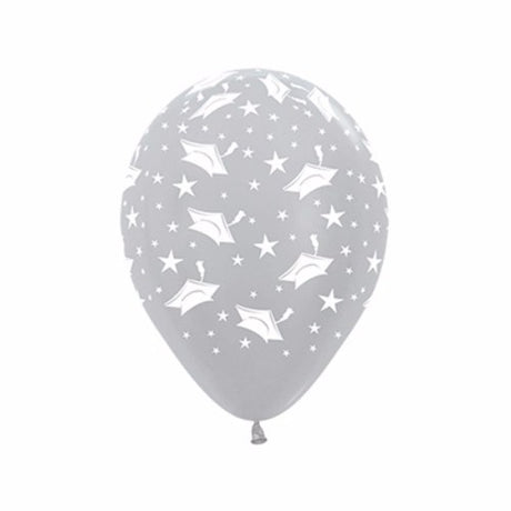 Pack of 12 metallic silver balloons featuring graduation hats and stars, perfect for decorating graduation parties.