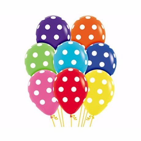 Pack of 12 vibrant polka dot latex balloons, perfect for parties and celebrations in assorted colors.