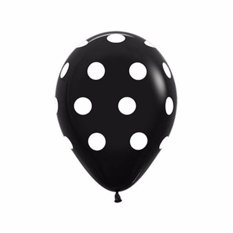 Pack of 12 stylish black balloons with playful polka dots, perfect for celebrations and party decorations.