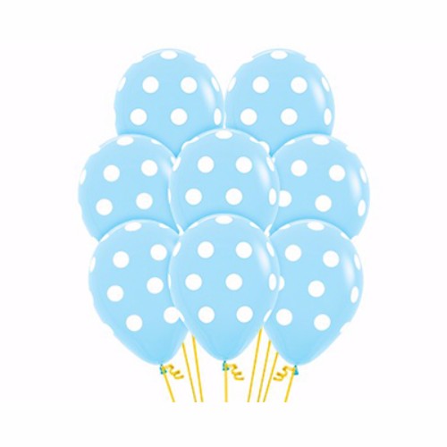 Pack of 12 pastel blue latex balloons with vibrant polka dots, perfect for festive celebrations and parties.