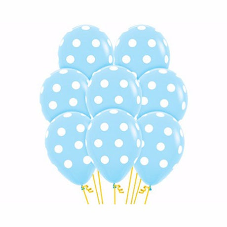 Pack of 12 pastel blue latex balloons with vibrant polka dots, perfect for festive celebrations and parties.