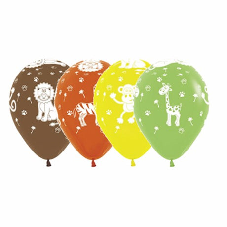 Assorted jungle animal print balloons, vibrant 30cm latex, perfect for festive decor and themed parties.