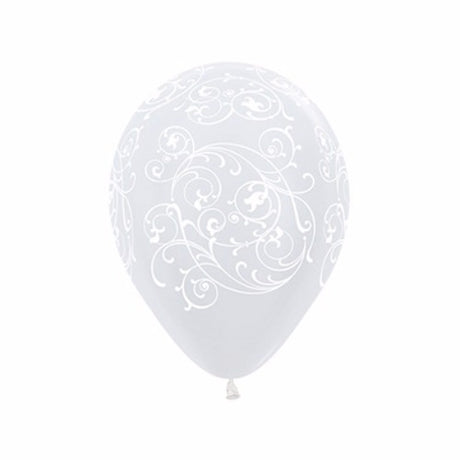 Elegant pack of 12 pearl white filigree balloons, perfect for any celebration or decorative accent.