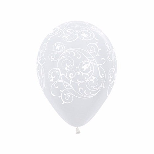 Elegant pack of 12 pearl white filigree balloons, perfect for any celebration or decorative accent.