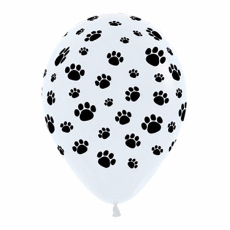 Pack of 12 black and white latex balloons with cute animal paw prints, perfect for pet-themed celebrations.
