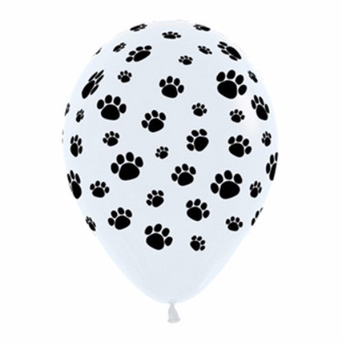 Pack of 12 black and white latex balloons with cute animal paw prints, perfect for pet-themed celebrations.