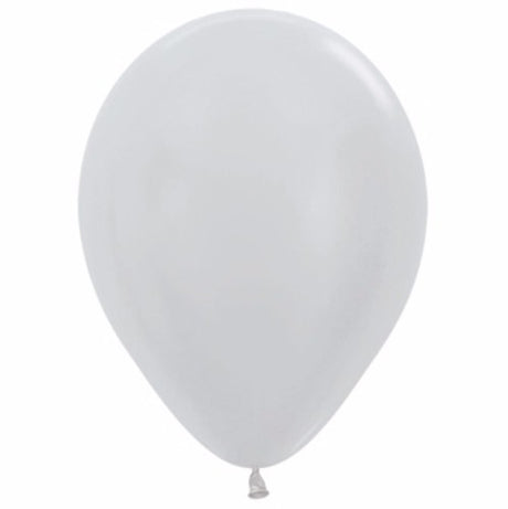 Pack of 50 metallic pearl silver latex balloons, 12cm, perfect for elegant celebrations and versatile decorations.