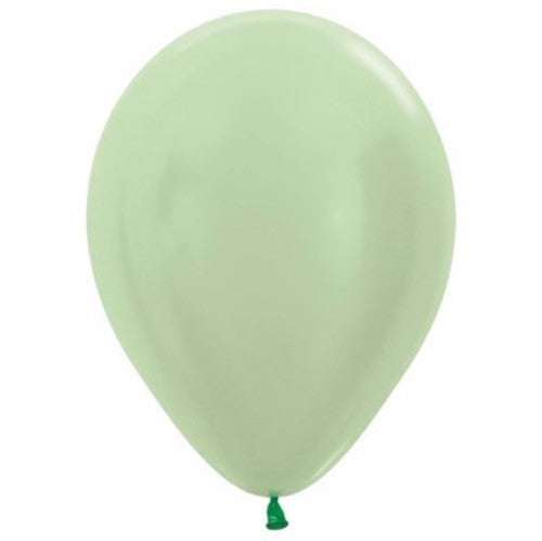 Pack of 50 12cm Pearl Satin Green Latex Balloons, perfect for elegant celebrations and versatile decorations.