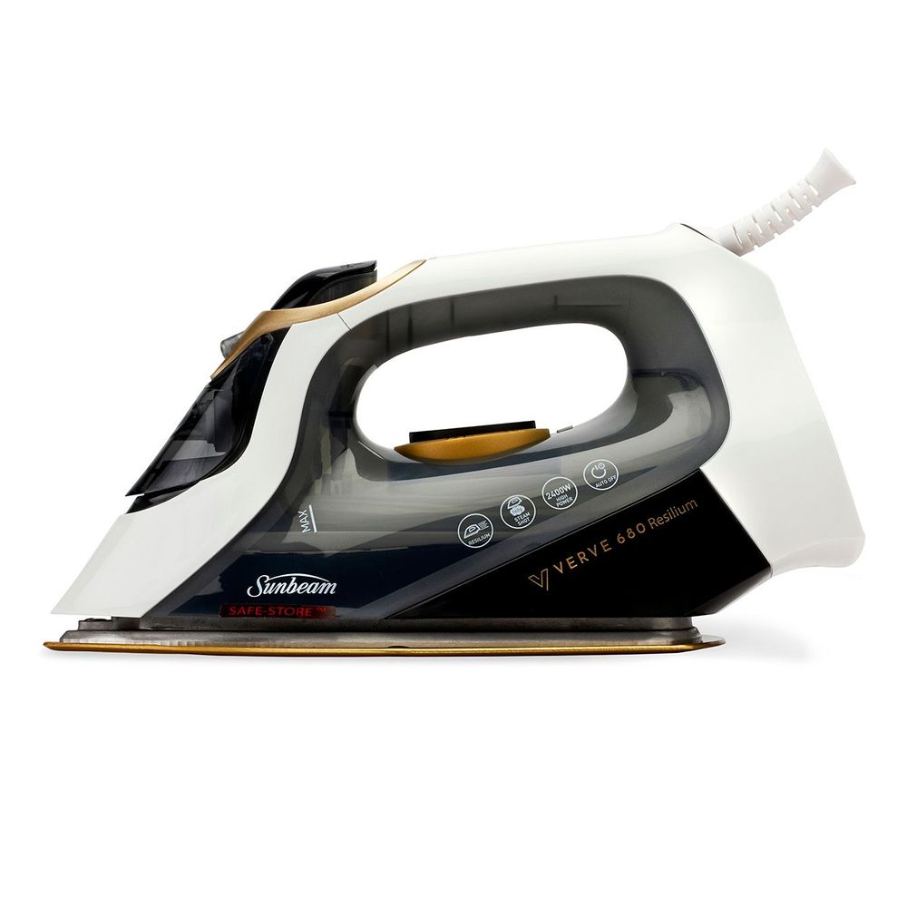 Sunbeam Verve 680 Resilium Iron with advanced steam technology and anodised soleplate for effortless wrinkle removal.
