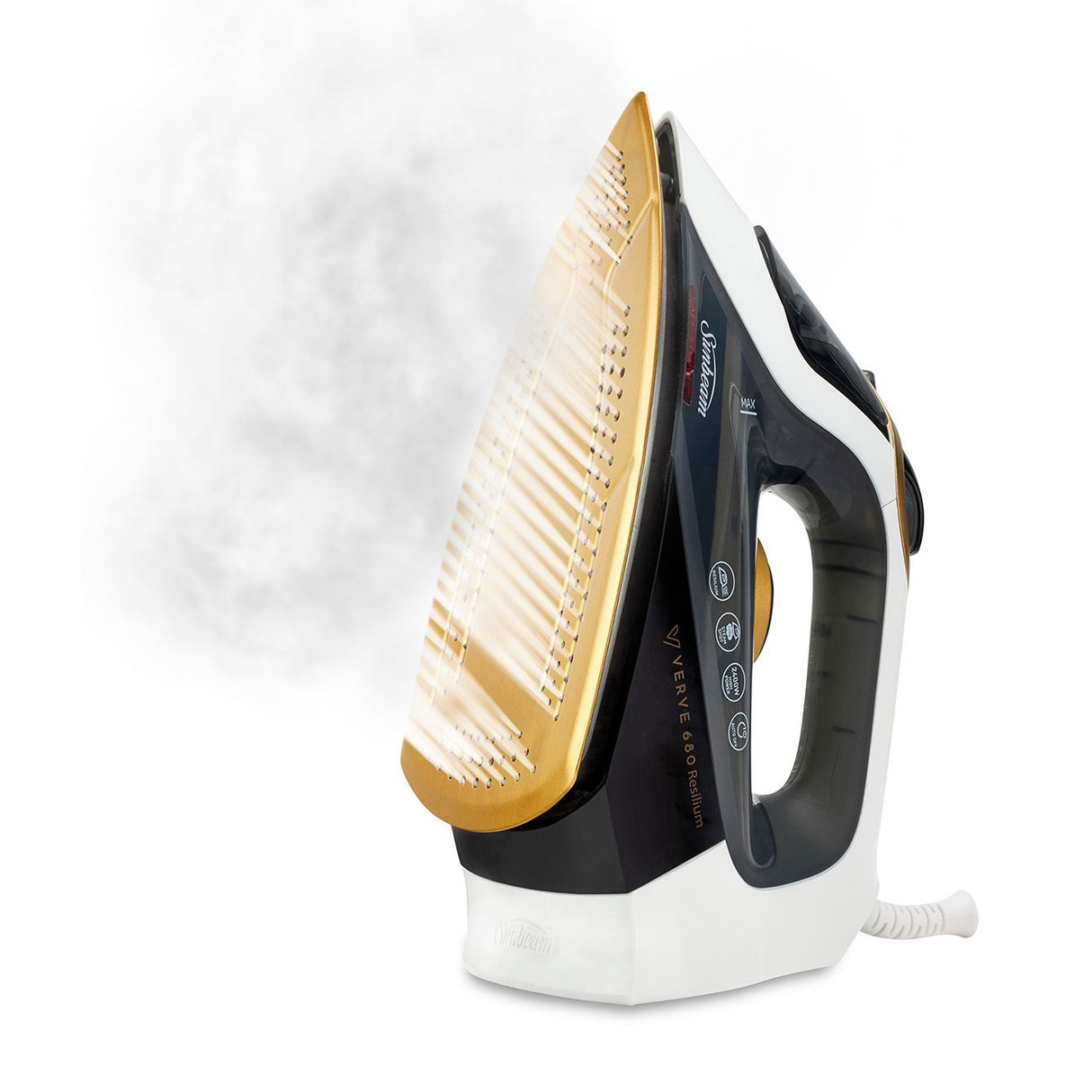 Sunbeam Verve 680 iron features 160g/min steam shot, anodised soleplate for easy gliding, and safety auto-off function.