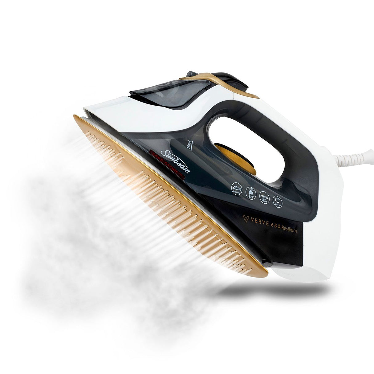 Sunbeam Verve 680 Resilium Iron with advanced steam technology and anodised soleplate for effortless wrinkle removal.