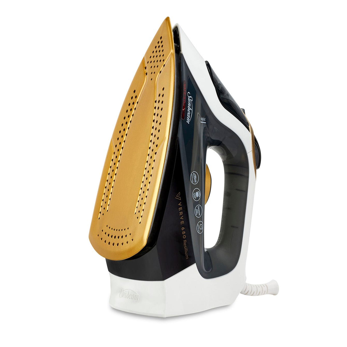 Sunbeam Verve 680 Resilium Iron with steam shot, anodised soleplate, and safety auto off feature for effortless ironing.