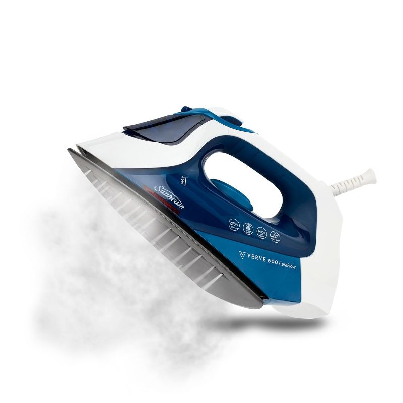 Sunbeam Verve 600 CeraFlow Iron: lightweight with ceramic soleplate, 38g/min steam, 2500mm cord, and drip stop feature.
