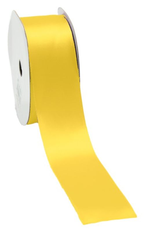 Vibrant lemon satin ribbon, 38mm wide and 25m long, perfect for elegant gift wrapping and crafting projects.