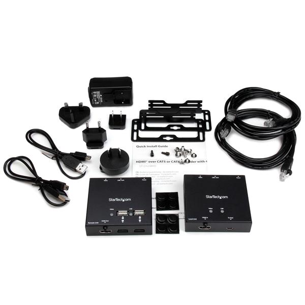 HDMI over CAT6 extender with 4-port USB hub for 165 ft 1080p video and audio, perfect for home and professional use.