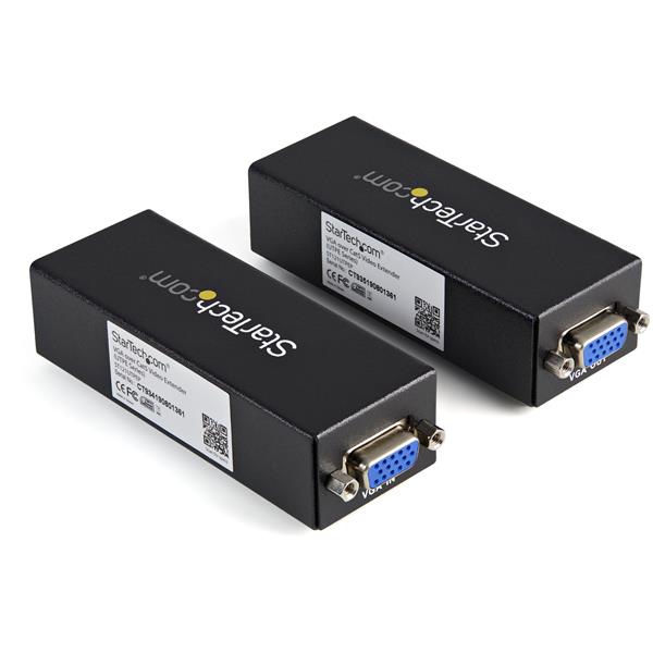 VGA to Cat5 extender kit for transmitting VGA signals to monitors/projectors up to 250ft, ideal for various settings.