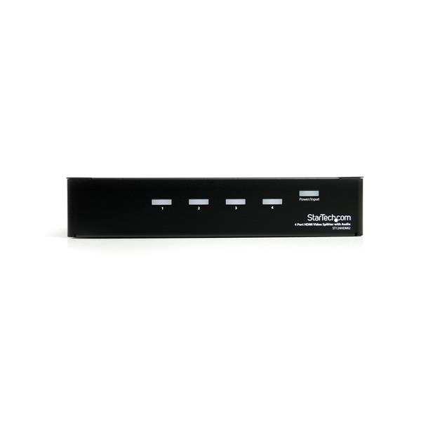 High-speed 4-port HDMI splitter amplifying 1080p video and audio for multiple displays, ideal for homes and offices.