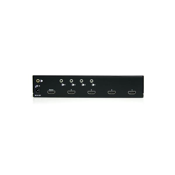 High-speed 4-port HDMI splitter with signal amplifier for 1080p video, ideal for home theaters and presentations.