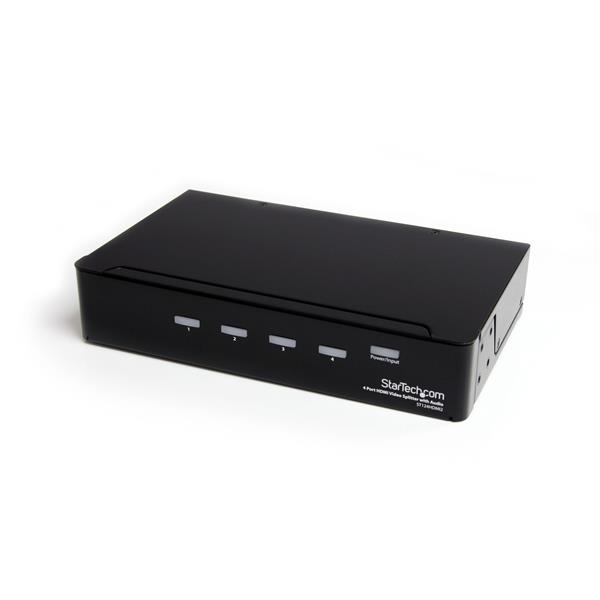 High-speed 4-port HDMI splitter with signal amplifier, supports 1080p video, and audio, ideal for multiple displays.