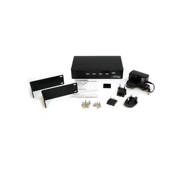 High-speed 4-port HDMI splitter amplifies 1080p video and audio for multiple displays in home or office setups.